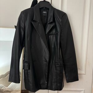 Zara Black Faux Leather Double-Breasted Blazer Jacket